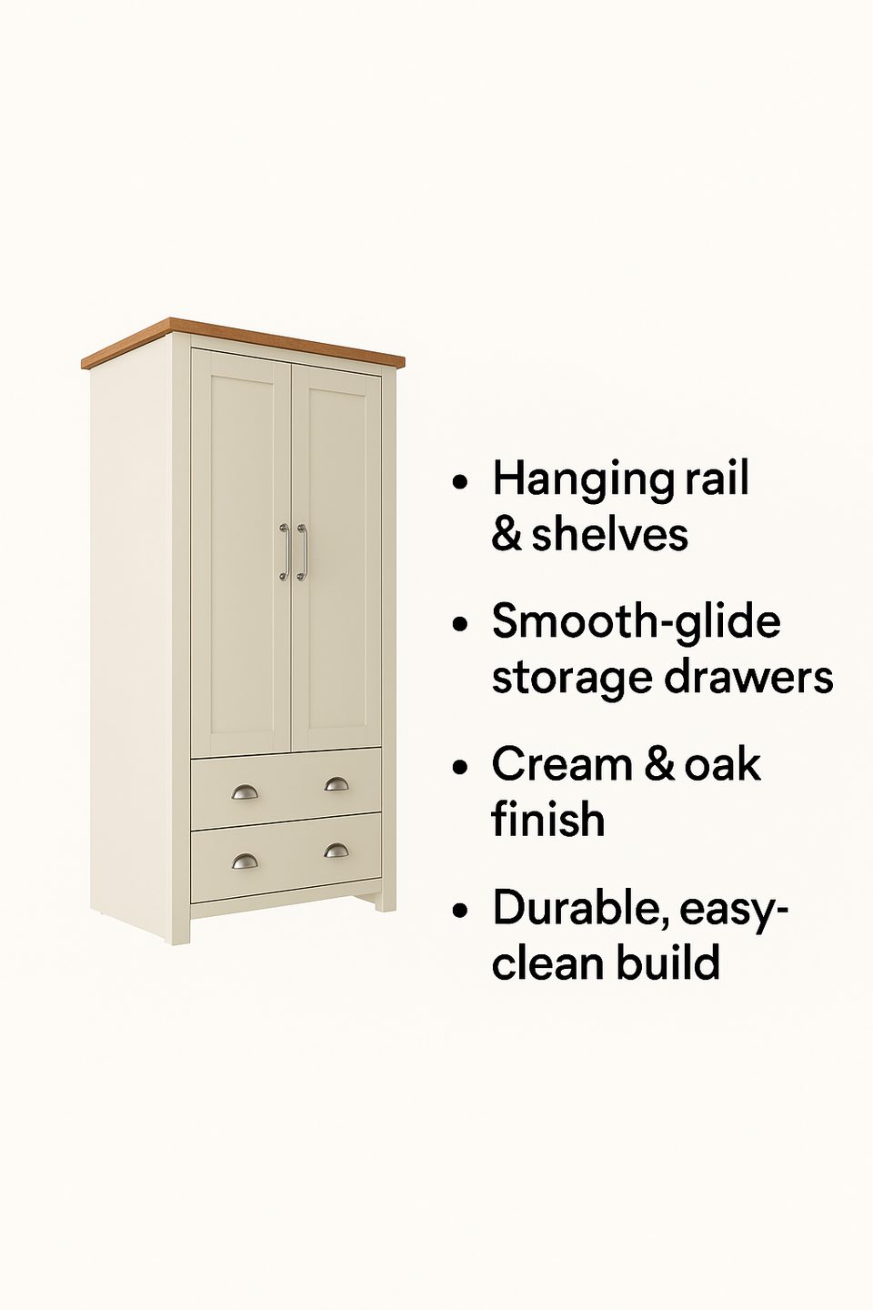 Ite 2 Door Wardrobe with Storage, Hanging Rail, Shelving, and Drawers Cream & Oak Effect