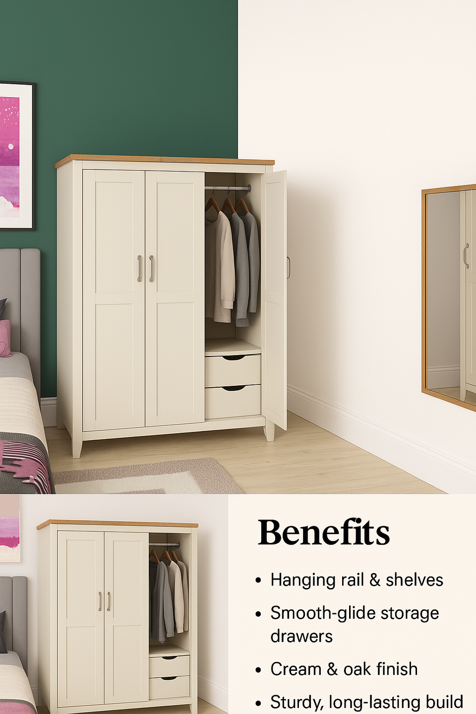 Ite 3 Door Wardrobe with Hanging Rail, Shelving, and Storage Drawers – Cream & Oak Effect