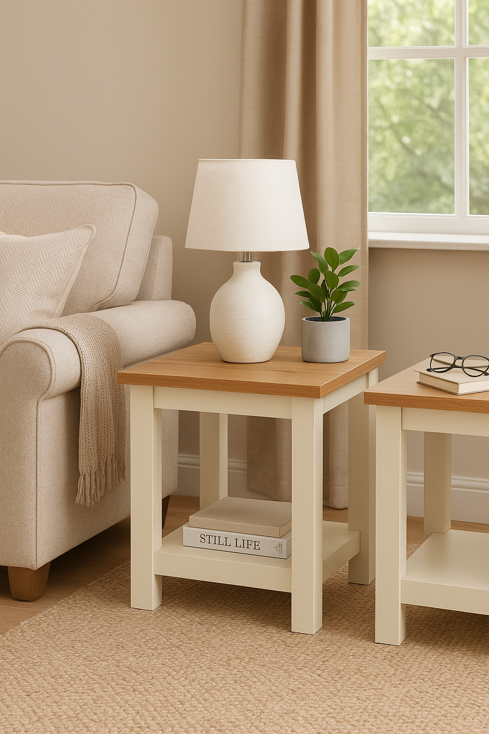 Ite Cream Lamp Side Table with Shelf Versatile Living Room and Bedroom Furniture