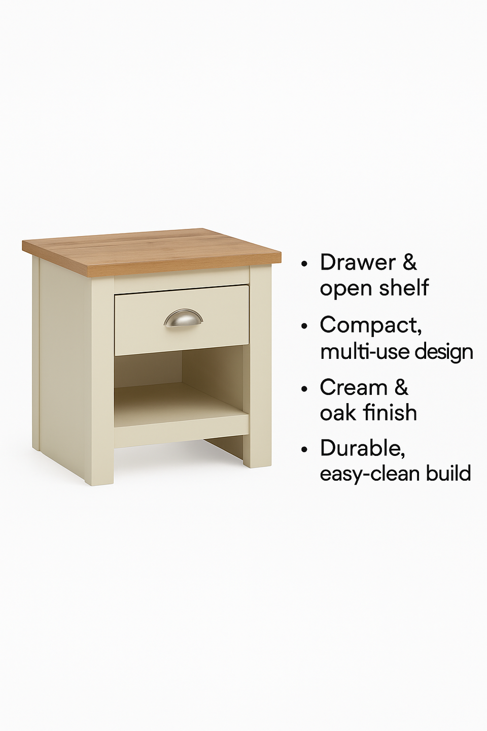 Cream Nightstand with 1 Drawer Versatile Bedside Table with Oak Effect Top & Shelf