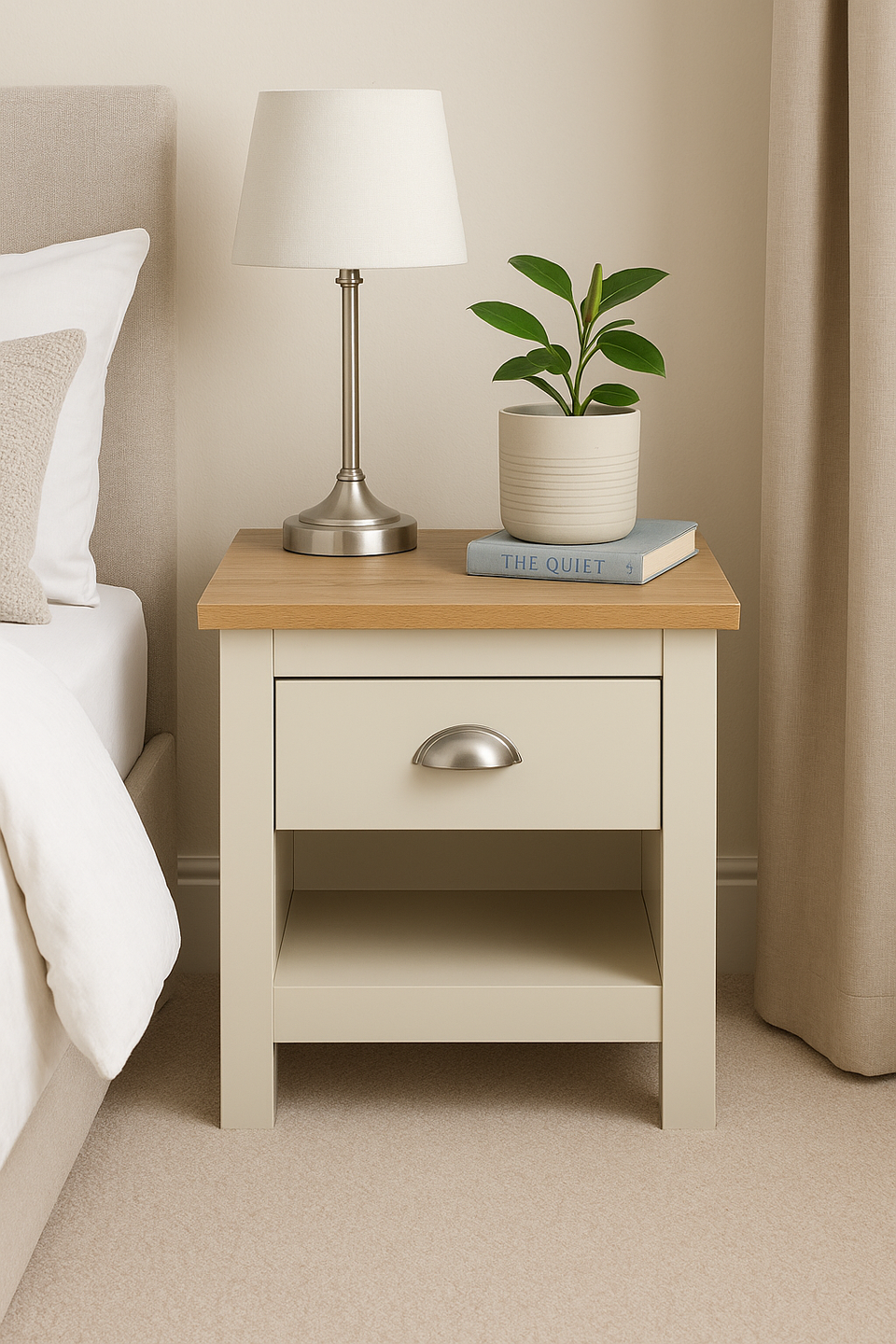 Cream Nightstand with 1 Drawer Versatile Bedside Table with Oak Effect Top & Shelf