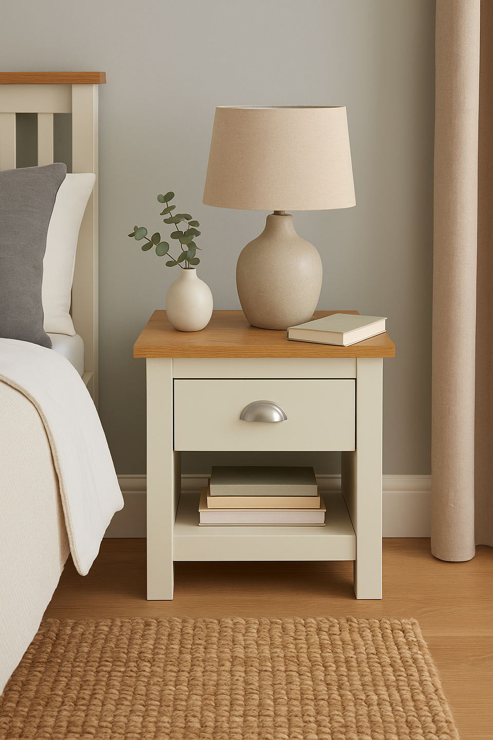 Cream Nightstand with 1 Drawer Versatile Bedside Table with Oak Effect Top & Shelf