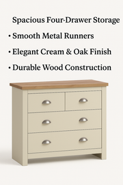 Cream wooden 4-drawer chest of drawers from Lavish Kitchen Isle, with sleek storage design for bedroom furniture.