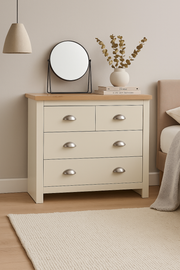 Cream 4-drawer chest of drawers from Lavish Kitchen Isle, showcasing stylish bedroom storage with multiple compartments.