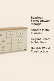 Lavish Kitchen Isle cream chest of 7 drawers with oak effect top, steel handles, ideal bedroom storage furniture.