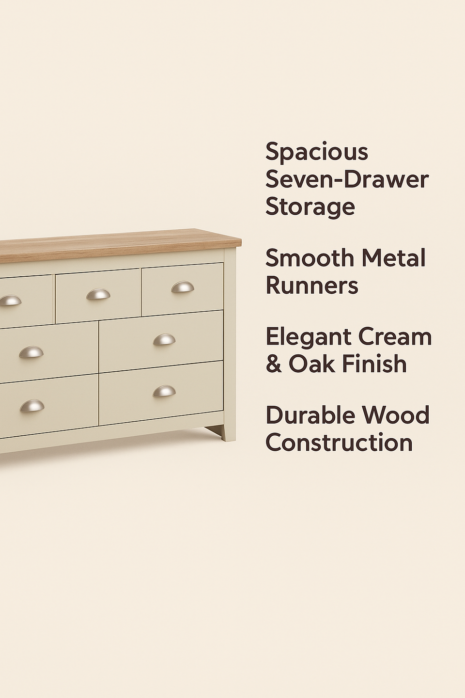 Cream Chest of 7 Drawers Bedroom Furniture Storage with Oak Effect Top and Steel Handles