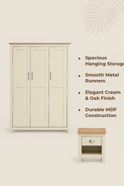 Cream oak 2-piece bedroom set with a 3-door wardrobe, shelving, and bedside table from Lavish Kitchen Isle.