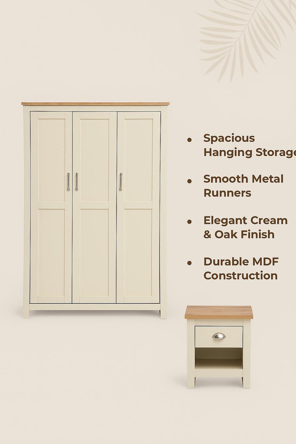 2 Piece Bedroom Set – 3 Door Wardrobe with Shelving and 1 Drawer Bedside Table Bedroom Storage Furniture