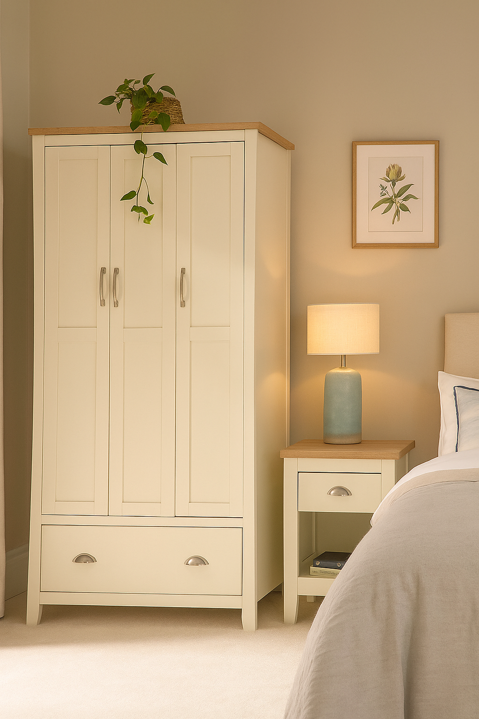 2 Piece Bedroom Set – 3 Door Wardrobe with Shelving and 1 Drawer Bedside Table Bedroom Storage Furniture