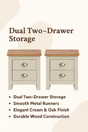 2x Bedside Cabinet with 2 Drawers Ite Range Bedroom Furniture  Cream & Oak Effect Nightstands
