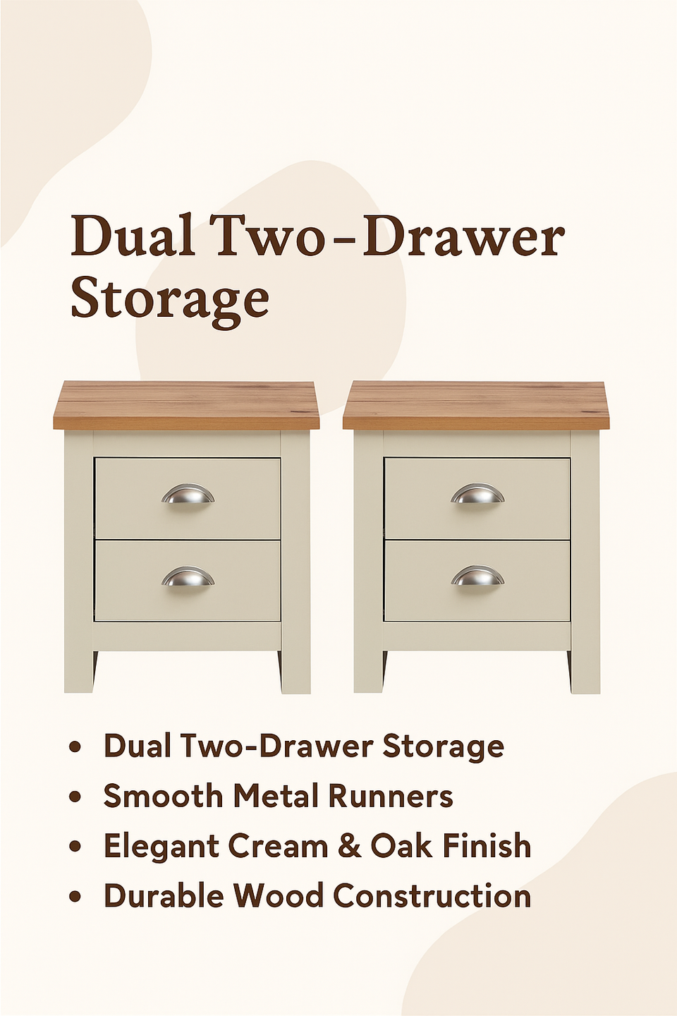 2x Bedside Cabinet with 2 Drawers Ite Range Bedroom Furniture  Cream & Oak Effect Nightstands