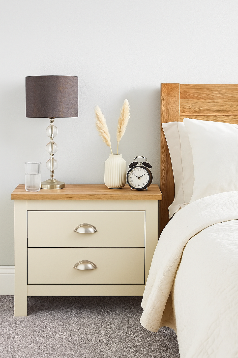 2x Bedside Cabinet with 2 Drawers Ite Range Bedroom Furniture  Cream & Oak Effect Nightstands