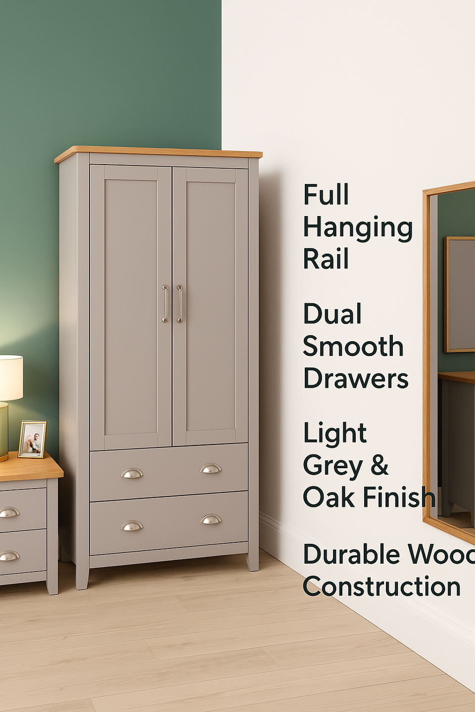 2 Door Wardrobe Light Grey & Oak with Rail & Drawers – Ite Bedroom Storage