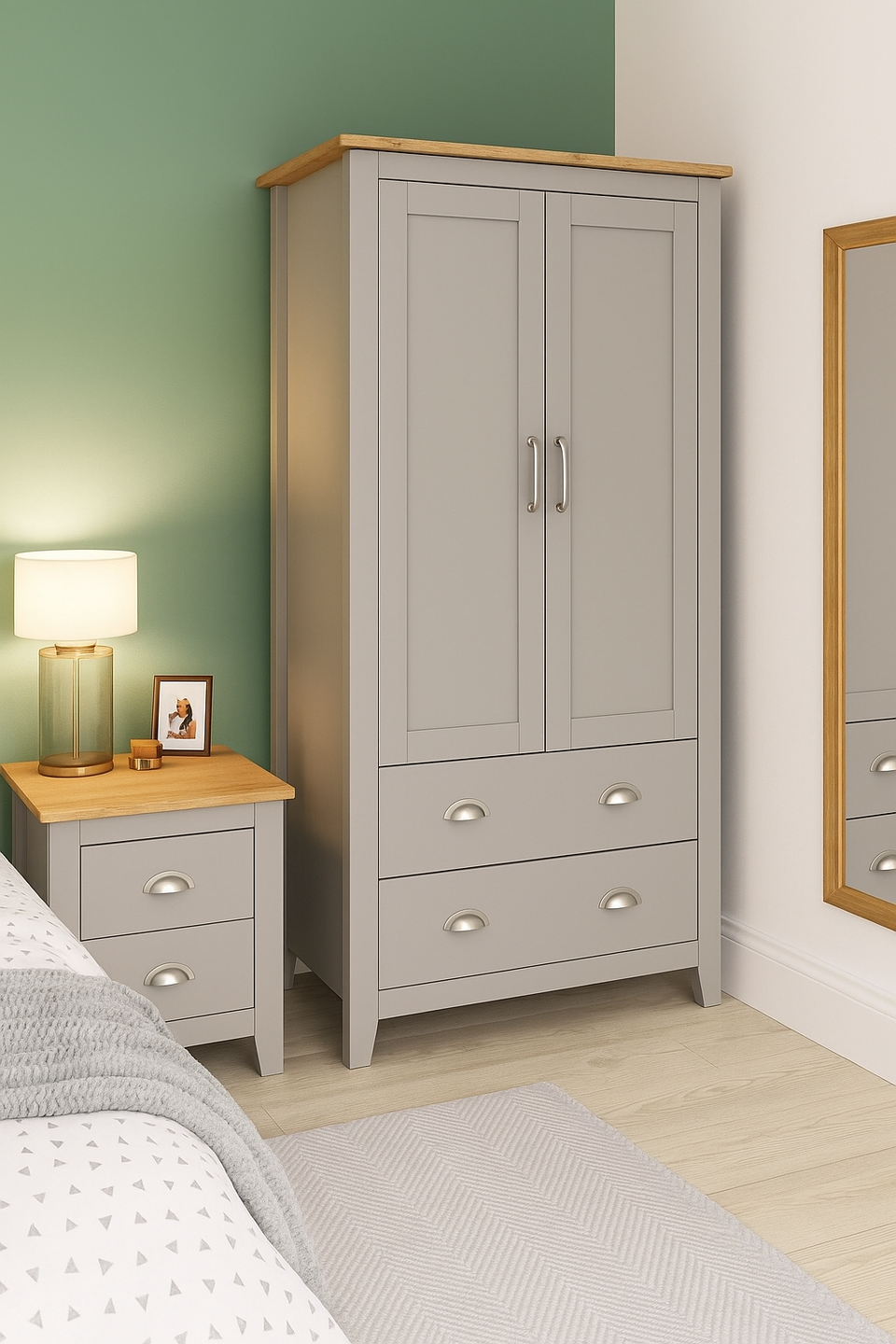 2 Door Wardrobe Light Grey & Oak with Rail & Drawers – Ite Bedroom Storage