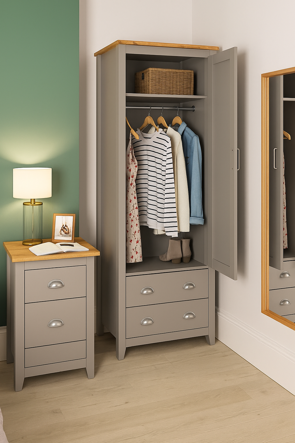 2 Door Wardrobe Light Grey & Oak with Rail & Drawers – Ite Bedroom Storage