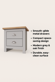 Light grey and oak effect modern nightstand with two drawers, featuring a sleek design and contemporary bedroom bedside style.