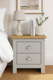 Light grey and oak effect bedside nightstand with two drawers from Lavish Kitchen Isle, perfect for bedroom storage.