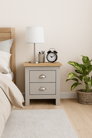 Light grey and oak effect nightstand with two drawers, modern bedside cabinet from Lavish Kitchen Isle.