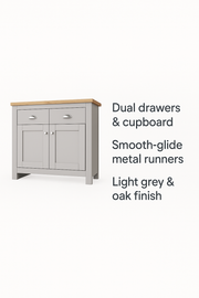 Light grey Lavish Kitchen Isle sideboard cabinet with 2 drawers and 2 doors, stylish storage for living or dining room furniture.