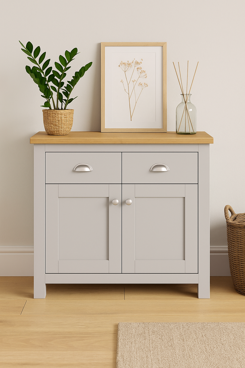 Light Grey Sideboard Cabinet with 2 Drawers and 2 Doors – Stylish Storage Solution for Living and Dining Room Furniture