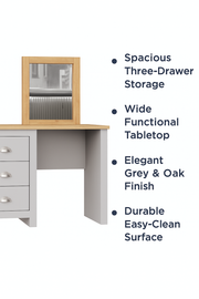 Light grey dressing table with three drawers and cascading oak top, Lavish Kitchen Isle makeup vanity desk for stylish storage.