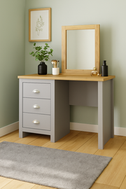 Light grey dressing table with 3 drawers and cascading oak top, showcasing a stylish vanity desk by Lavish Kitchen Isle