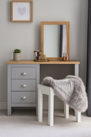 Light grey dressing table with three drawers and cascading oak top, ideal as a makeup vanity desk from Lavish Kitchen Isle.