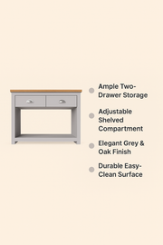 Console Table Sideboard Cabinet with Storage – 2 Solid Drawers and Door Unit in Light Grey with Oak Effect Top for Living and Dining Room Furniture