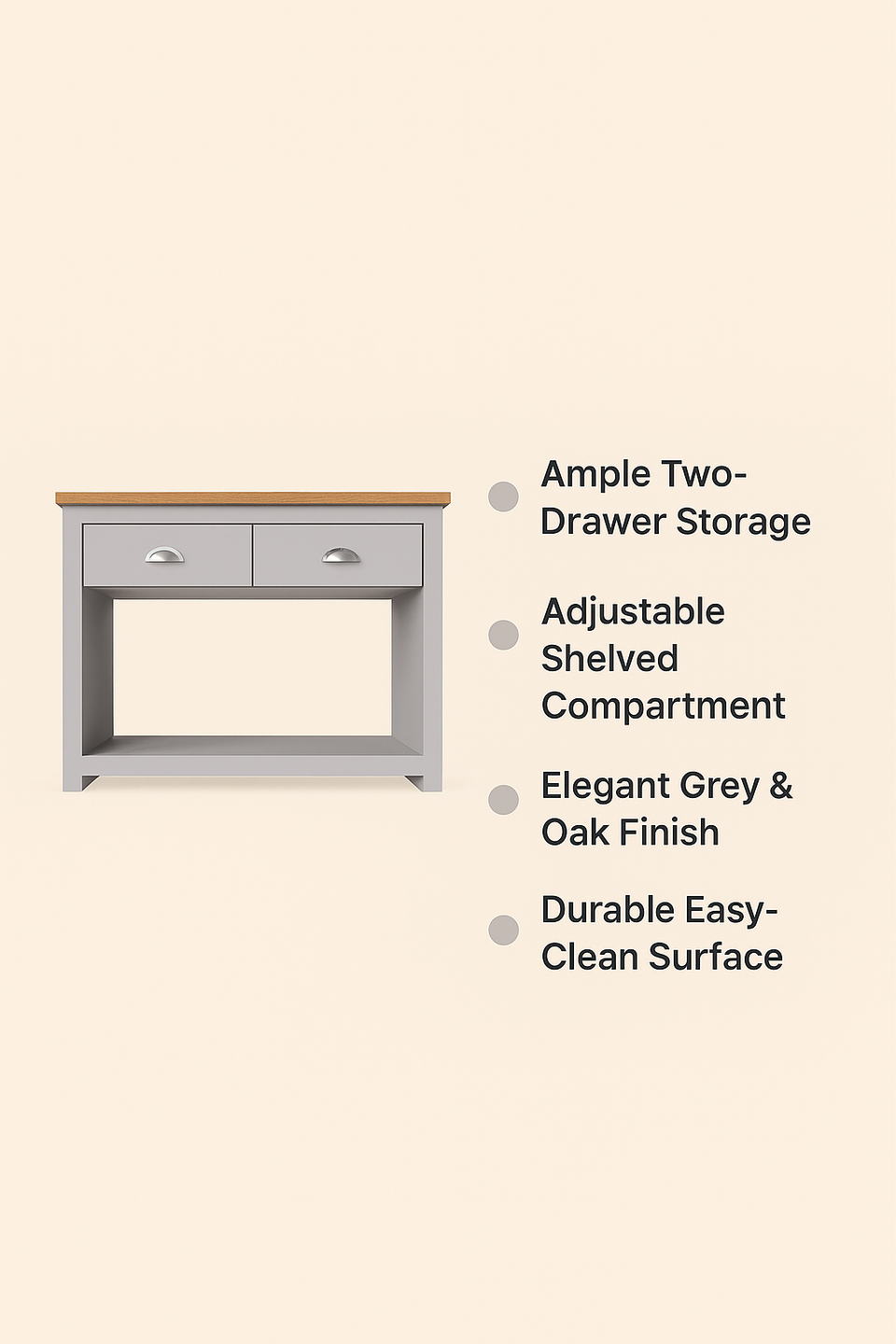 Console Table Sideboard Cabinet with Storage – 2 Solid Drawers and Door Unit in Light Grey with Oak Effect Top for Living and Dining Room Furniture