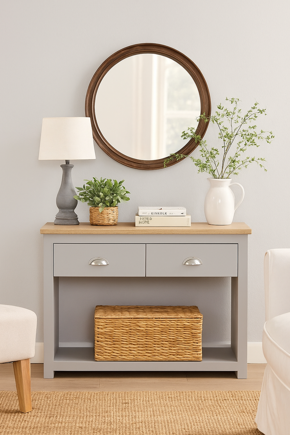 Console Table Sideboard Cabinet with Storage – 2 Solid Drawers and Door Unit in Light Grey with Oak Effect Top for Living and Dining Room Furniture