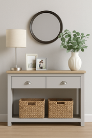 Console Table Sideboard Cabinet with Storage – 2 Solid Drawers and Door Unit in Light Grey with Oak Effect Top for Living and Dining Room Furniture