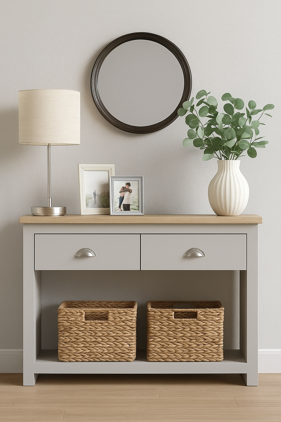 Console Table Sideboard Cabinet with Storage – 2 Solid Drawers and Door Unit in Light Grey with Oak Effect Top for Living and Dining Room Furniture