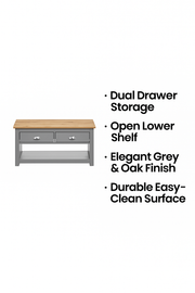 Modern Coffee Table with 2 Drawers and Storage Shelf Rectangular Living Room Furniture in Light Grey with Oak Top