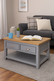 Modern Coffee Table with 2 Drawers and Storage Shelf Rectangular Living Room Furniture in Light Grey with Oak Top