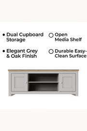 Light grey modern TV stand cabinet with two doors and storage space, featuring a sleek design for contemporary living rooms.