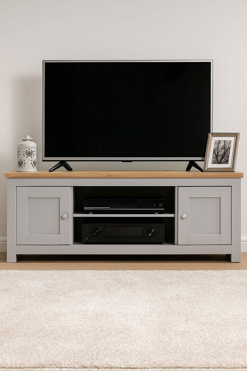 TV Stand Cabinet Unit with Storage Modern Living Room Furniture with 2 Doors- Light Grey