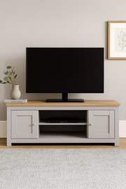 Modern light grey TV stand cabinet with two doors, versatile storage for living room furniture by Lavish Kitchen Isle