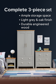 3 Piece Bedroom Furniture Set – 2 Door Wardrobe, 4 Drawer Chest, and 1 Drawer Bedside Cabinet in Light Grey with Oak Tops - Lavish Kitchen Isle