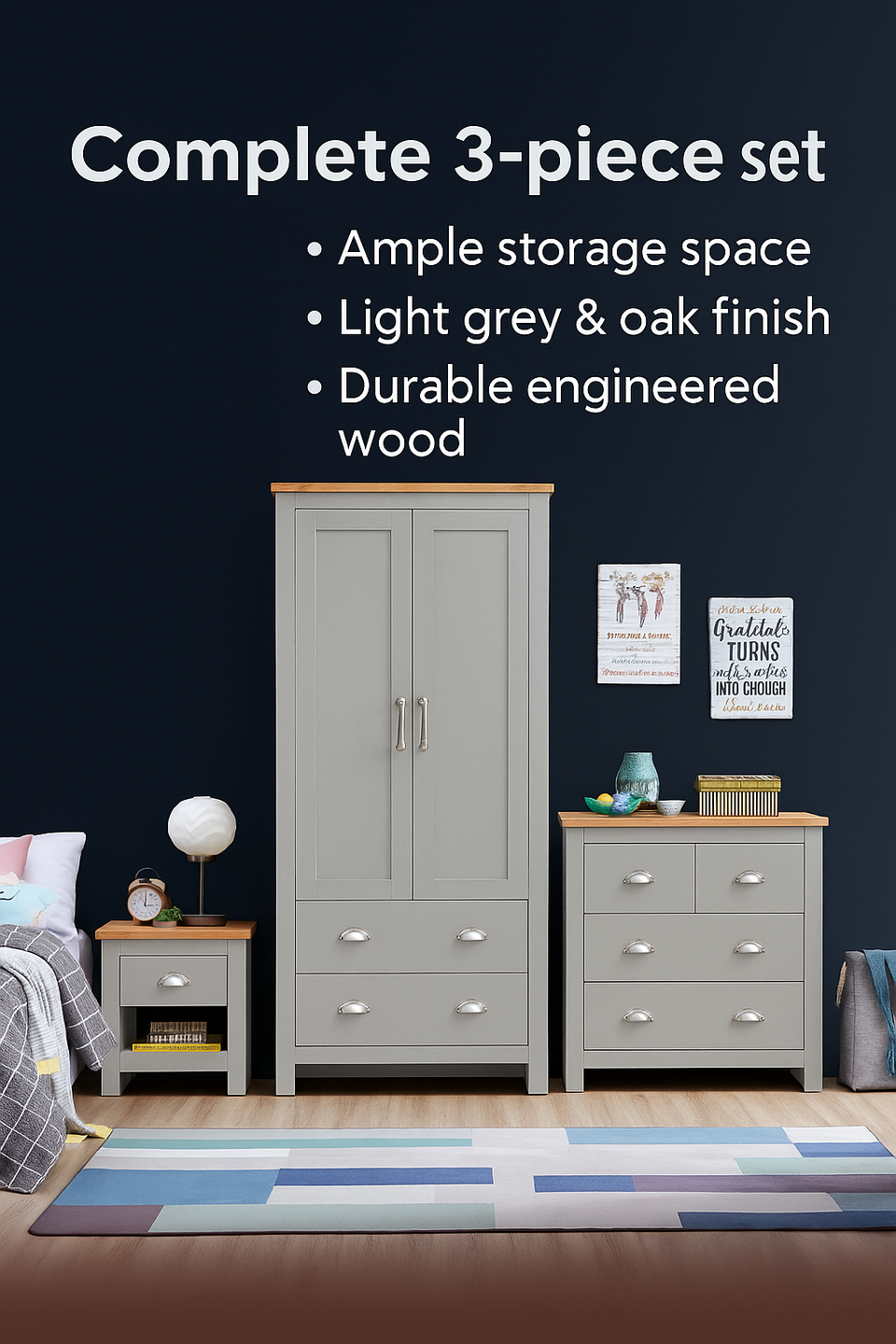3 Piece Bedroom Furniture Set – 2 Door Wardrobe, 4 Drawer Chest, and 1 Drawer Bedside Cabinet in Light Grey with Oak Tops