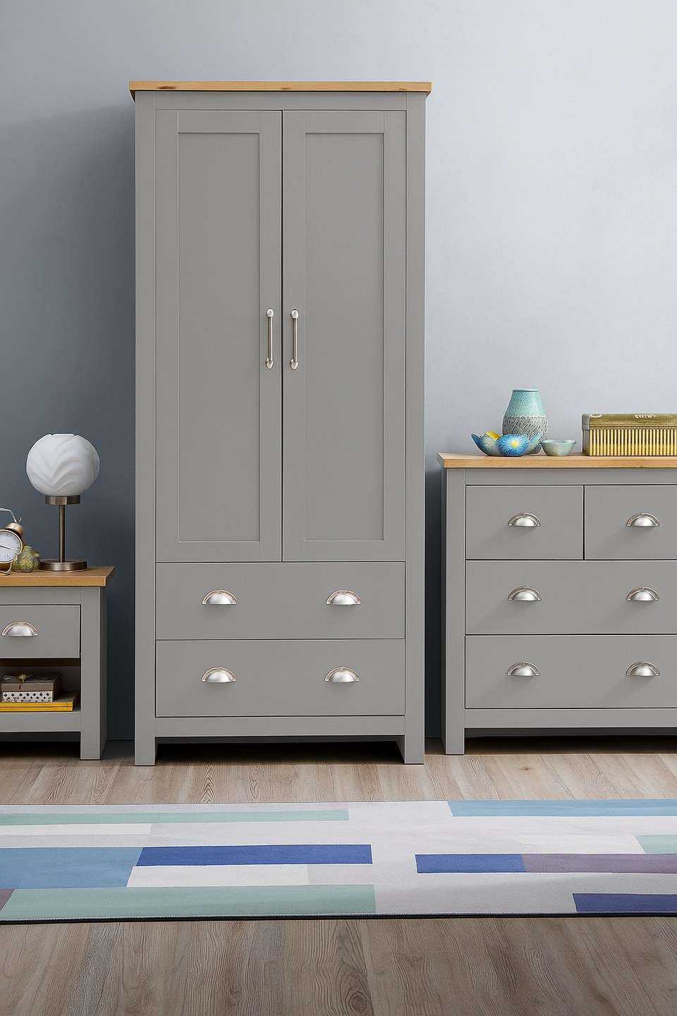 3 Piece Bedroom Furniture Set – 2 Door Wardrobe, 4 Drawer Chest, and 1 Drawer Bedside Cabinet in Light Grey with Oak Tops
