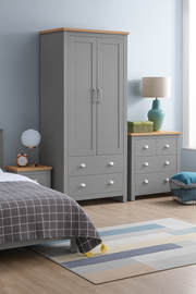 3 Piece Bedroom Furniture Set – 2 Door Wardrobe, 4 Drawer Chest, and 1 Drawer Bedside Cabinet in Light Grey with Oak Tops - Lavish Kitchen Isle