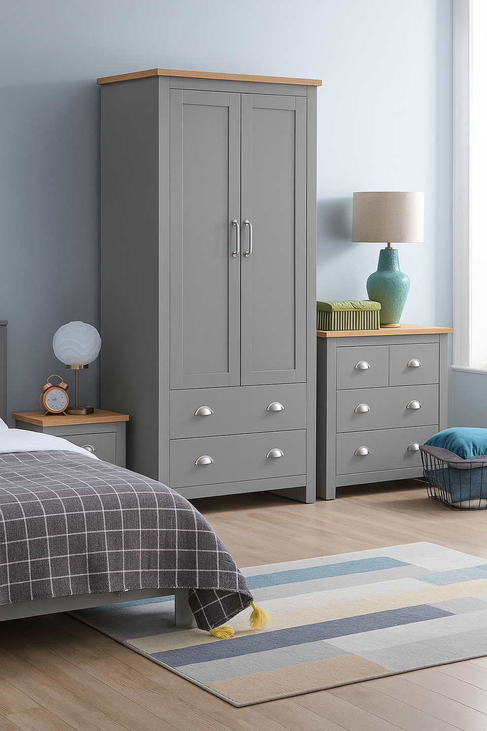 3 Piece Bedroom Furniture Set – 2 Door Wardrobe, 4 Drawer Chest, and 1 Drawer Bedside Cabinet in Light Grey with Oak Tops