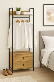 Open wardrobe with 2 drawers, hanging rail, and shelves in a room setting, showcasing compact storage solution by Lavish Kitchen Isle.
