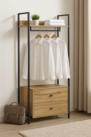 Lavish Kitchen Isle open wardrobe with 2 drawers, shelves, hanging rail, in a room setting for compact storage.