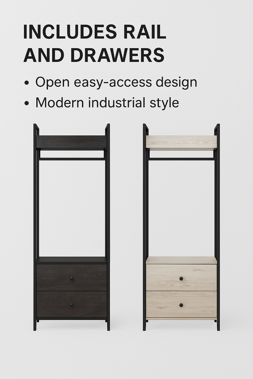 Open Wardrobe with 2 Drawers  2 Shelves – Wardrobe Storage with Hanging Space and Shelving