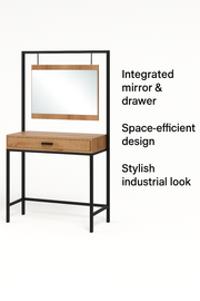 Modern Wotan Oak dressing table with mirror, stylish makeup vanity with industrial design and ample surface space.