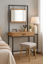 Modern Wotan Oak dressing table with mirror and storage, stylish vanity for bedroom decor by Lavish Kitchen Isle
