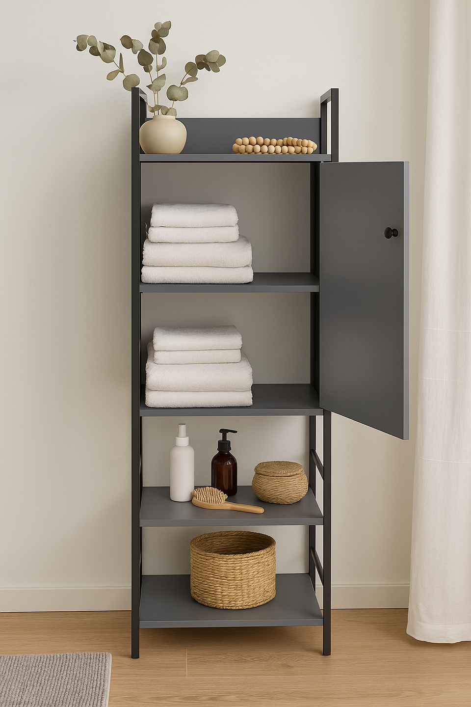 Storage Cabinet with 1 Door & 4 Shelves Wardrobe Storage with Cupboard and Open Shelving for Bedroom Furniture