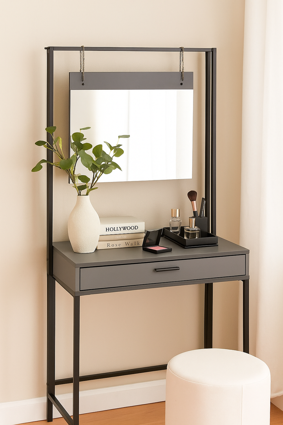 Modern Lavish Kitchen Isle dressing table with mirror, featuring a sleek design and spacious surface for elegant bedroom makeup setup.
