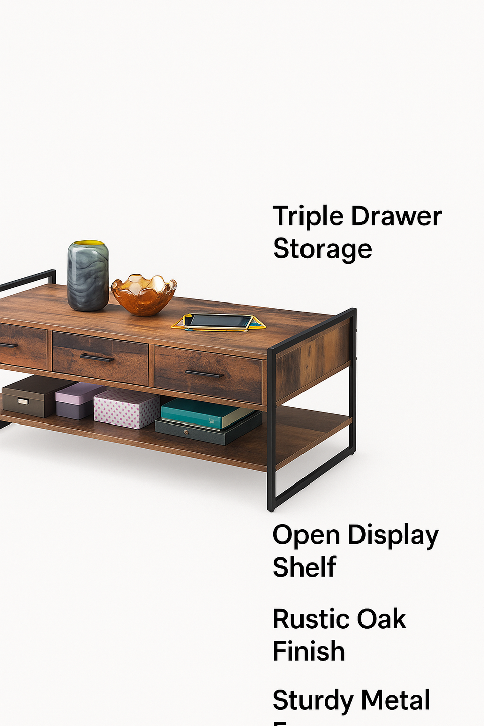 Rustic Coffee Table with 3 Drawers and Open Shelf Living Room Furniture with Storage